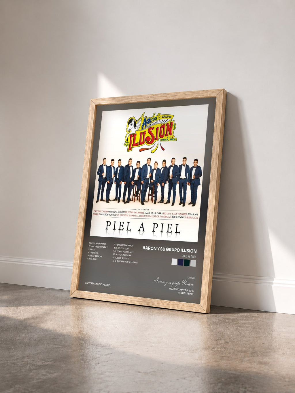 #bois Tableau de l'album Piel A Piel de Aaron y su grupo Ilusion vu de trois quarts, cadre en bois brut