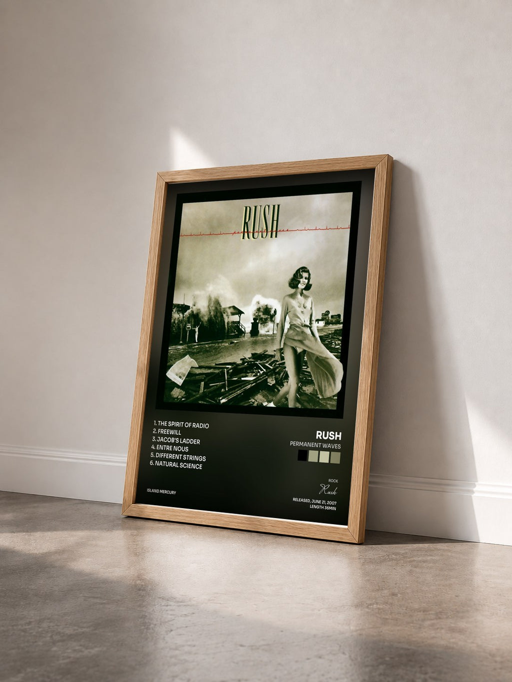 #bois Tableau de l'album Permanent Waves de Rush vu de trois quarts, cadre en bois brut