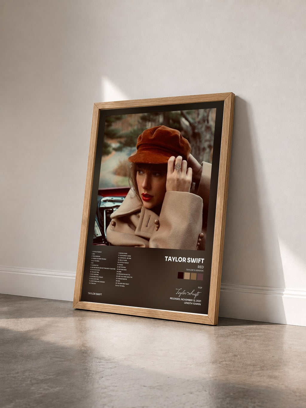 #bois Tableau de l'album Red (Taylor's Version) de Taylor Swift vu de trois quarts, cadre en bois brut