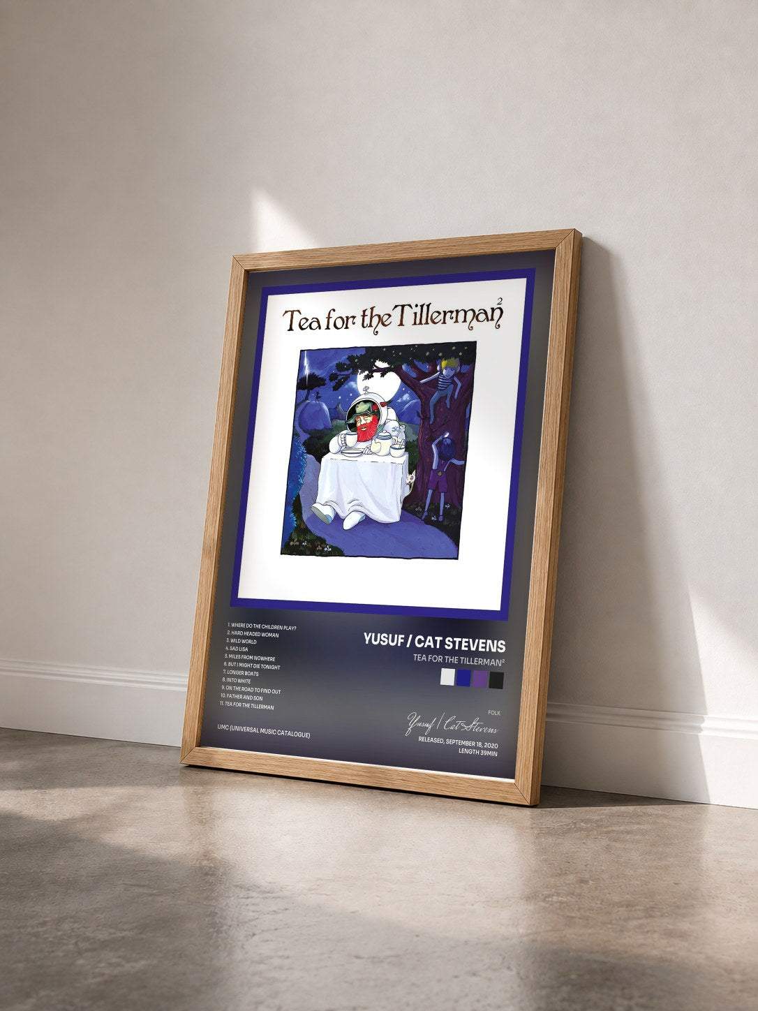 #bois Tableau de l'album Tea For The Tillerman² de Yusuf / Cat Stevens vu de trois quarts, cadre en bois brut