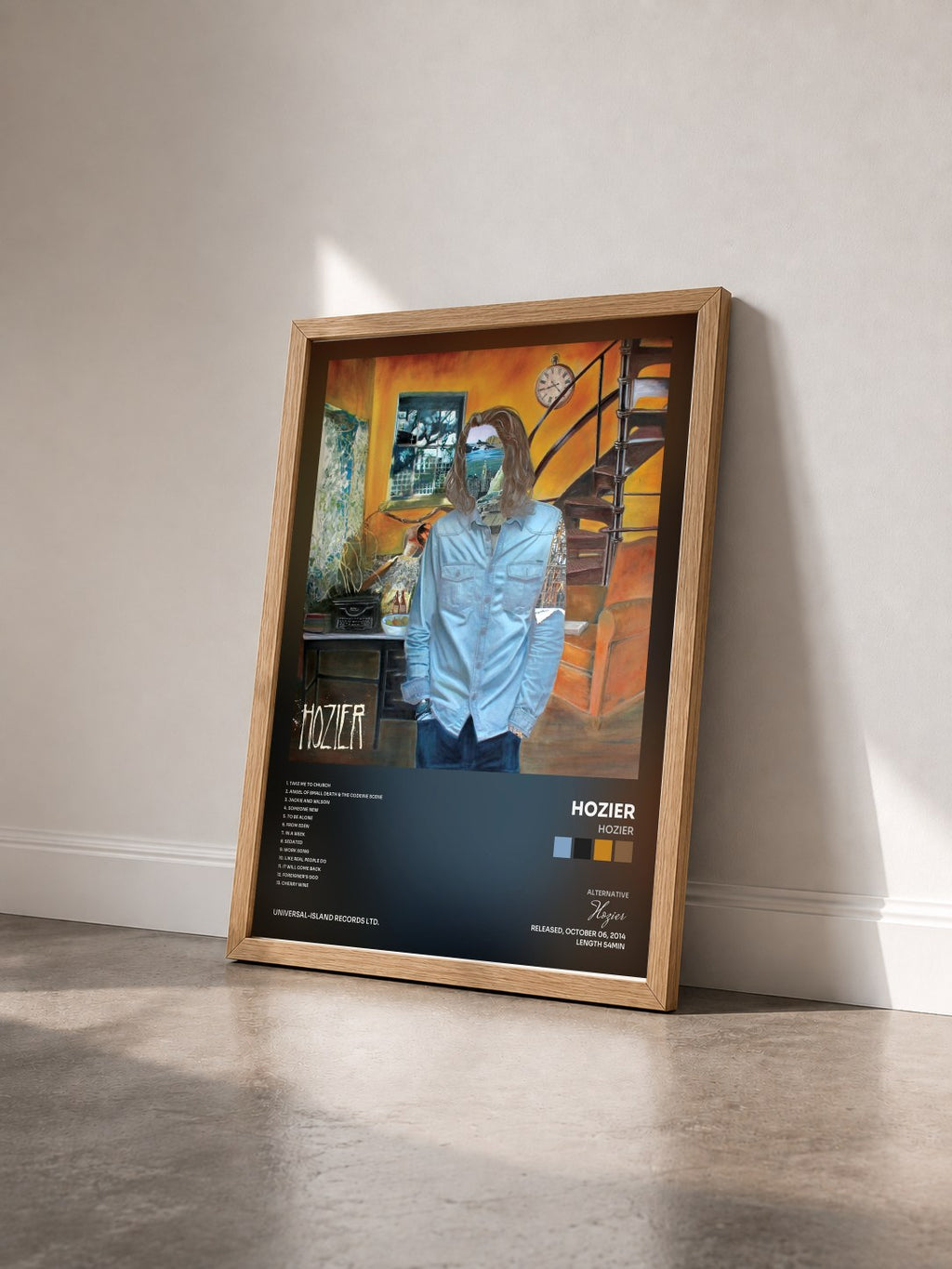 #bois Tableau de l'album Hozier de Hozier vu de trois quarts, cadre en bois brut