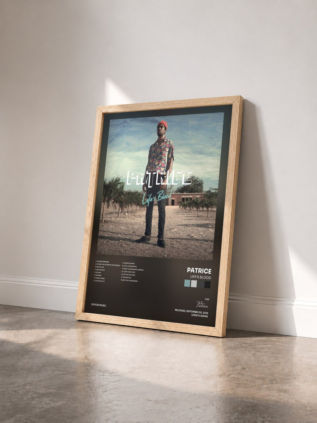 #bois Tableau de l'album Life's Blood de Patrice vu de trois quarts, cadre en bois brut