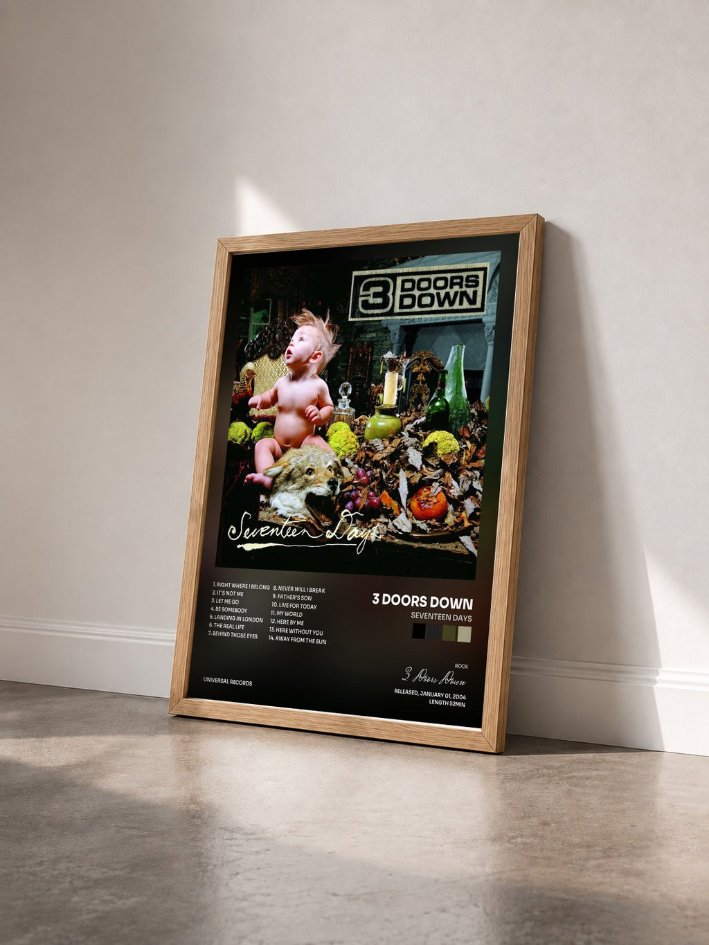 #bois Tableau de l'album Seventeen Days de 3 Doors Down vu de trois quarts, cadre en bois brut
