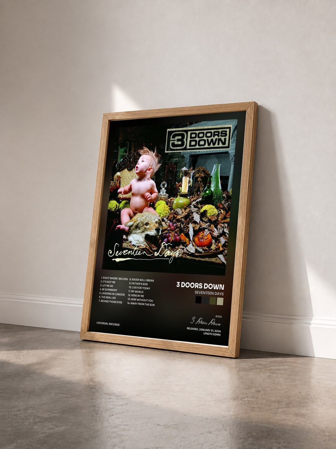 #bois Tableau de l'album Seventeen Days de 3 Doors Down vu de trois quarts, cadre en bois brut