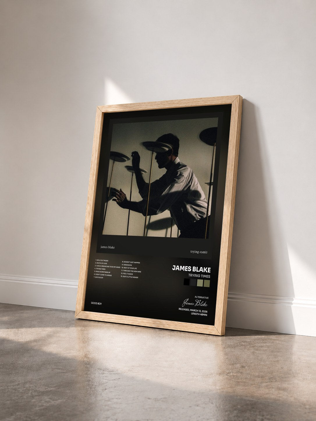 #bois Tableau de l'album Trying Times de James Blake vu de trois quarts, cadre en bois brut