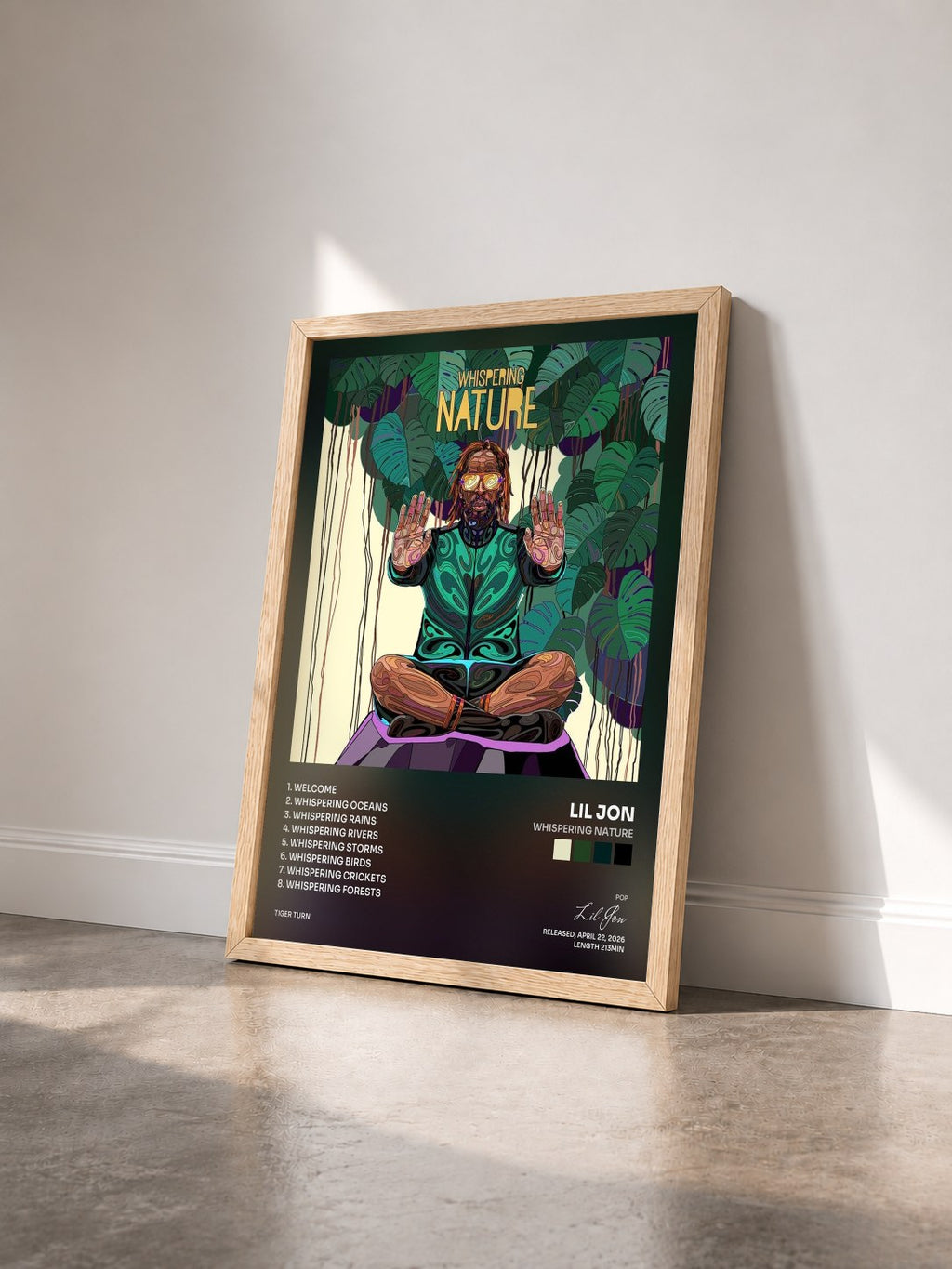 #bois Tableau de l'album Whispering Nature de Lil Jon vu de trois quarts, cadre en bois brut