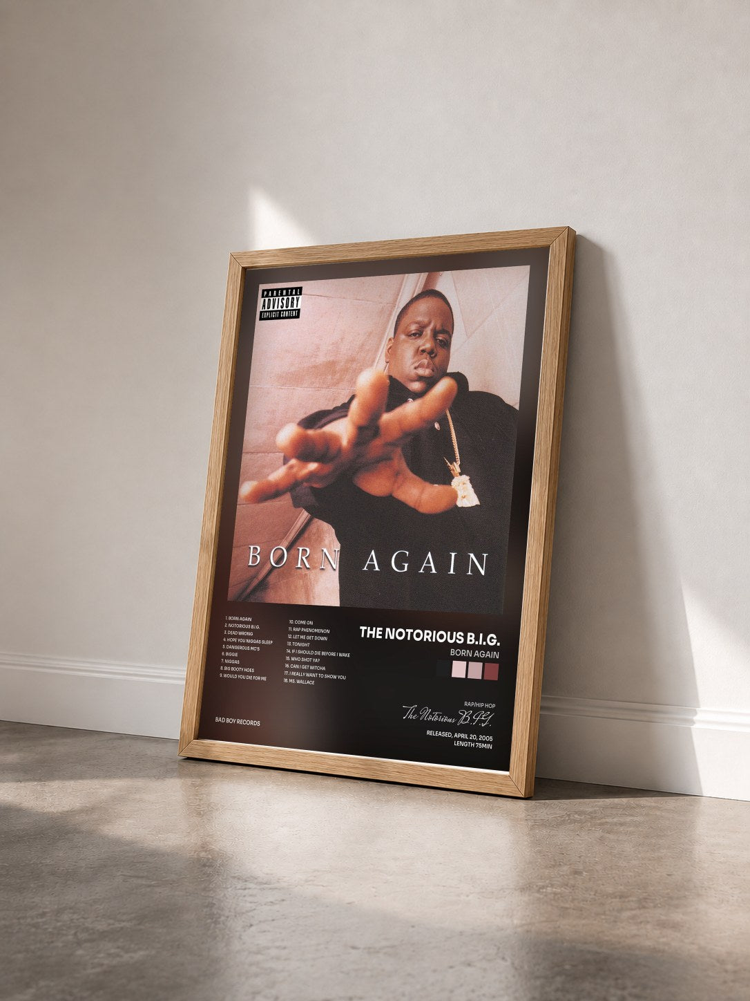 #bois Tableau de l'album Born Again de The Notorious B.I.G. vu de trois quarts, cadre en bois brut