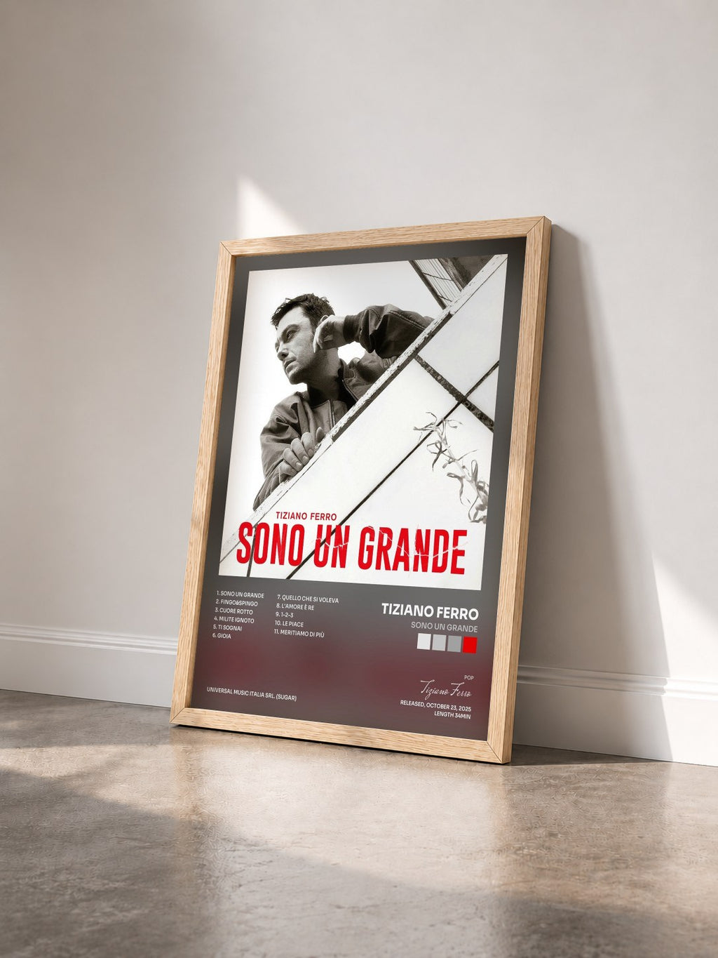 #bois Tableau de l'album SONO UN GRANDE de Tiziano Ferro vu de trois quarts, cadre en bois brut