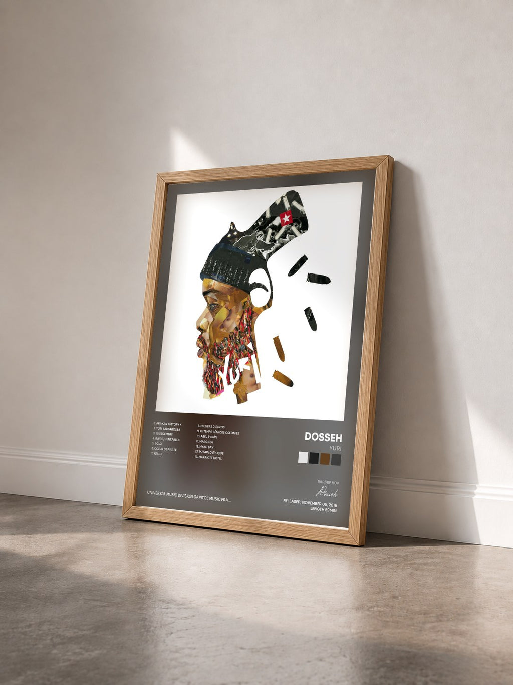 #bois Tableau de l'album Yuri de Dosseh vu de trois quarts, cadre en bois brut