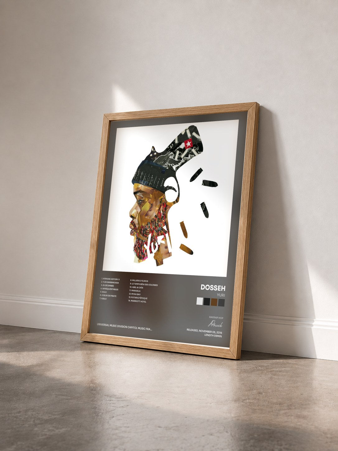 #bois Tableau de l'album Yuri de Dosseh vu de trois quarts, cadre en bois brut
