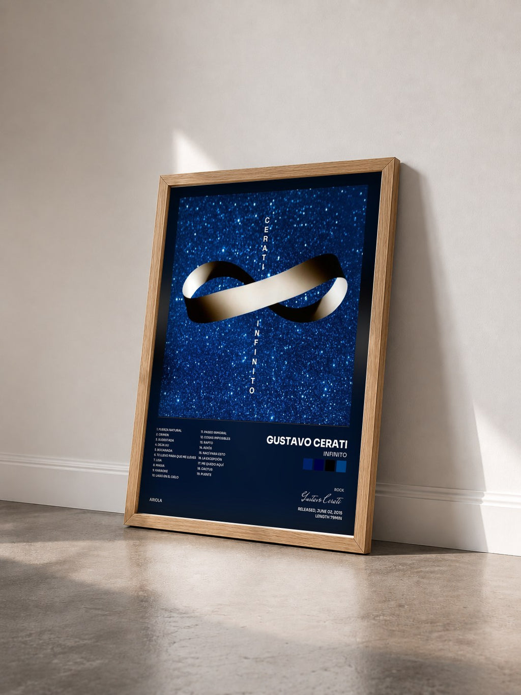 #bois Tableau de l'album Infinito de Gustavo Cerati vu de trois quarts, cadre en bois brut