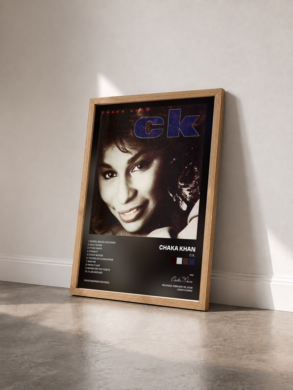 #bois Tableau de l'album C.K. de Chaka Khan vu de trois quarts, cadre en bois brut