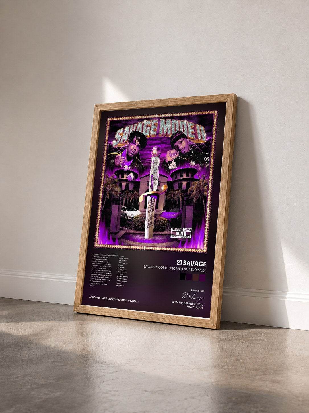 #bois Tableau de l'album SAVAGE MODE II [CHOPPED NOT SLOPPED] de 21 Savage vu de trois quarts, cadre en bois brut