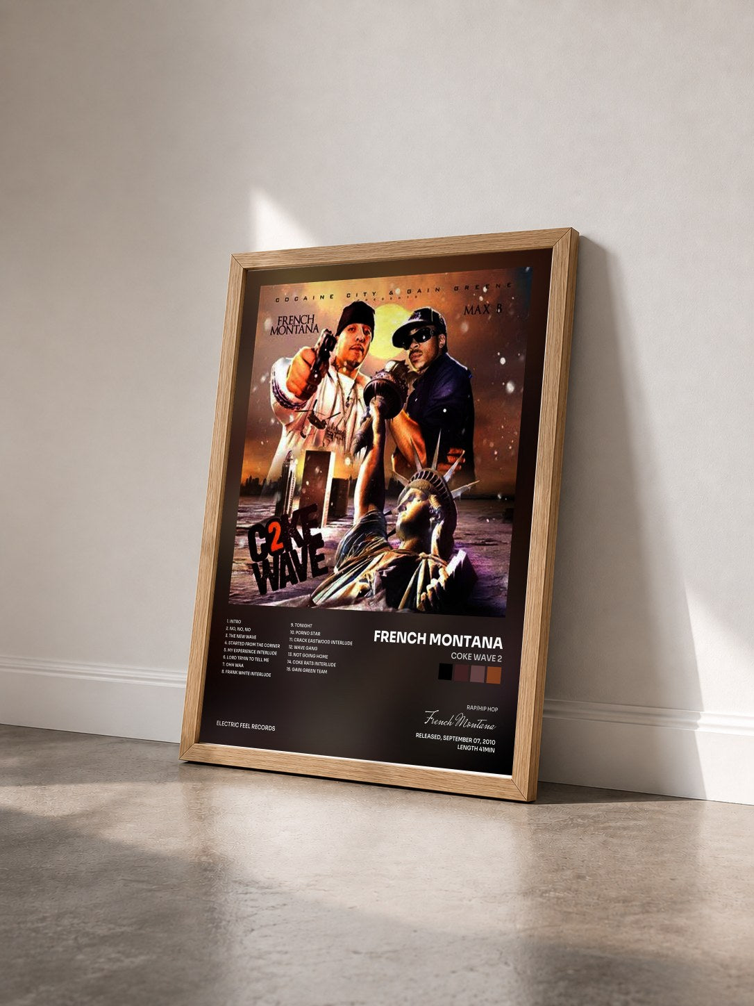 #bois Tableau de l'album Coke Wave 2 de French Montana vu de trois quarts, cadre en bois brut