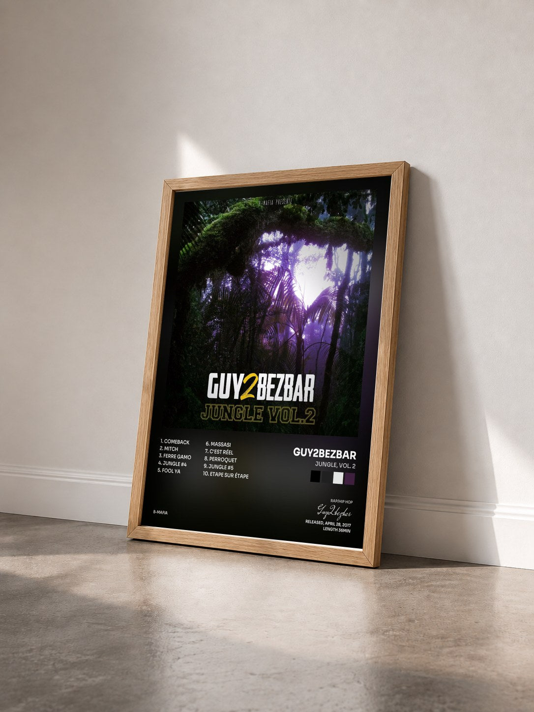 #bois Tableau de l'album Jungle, vol. 2 de Guy2bezbar vu de trois quarts, cadre en bois brut