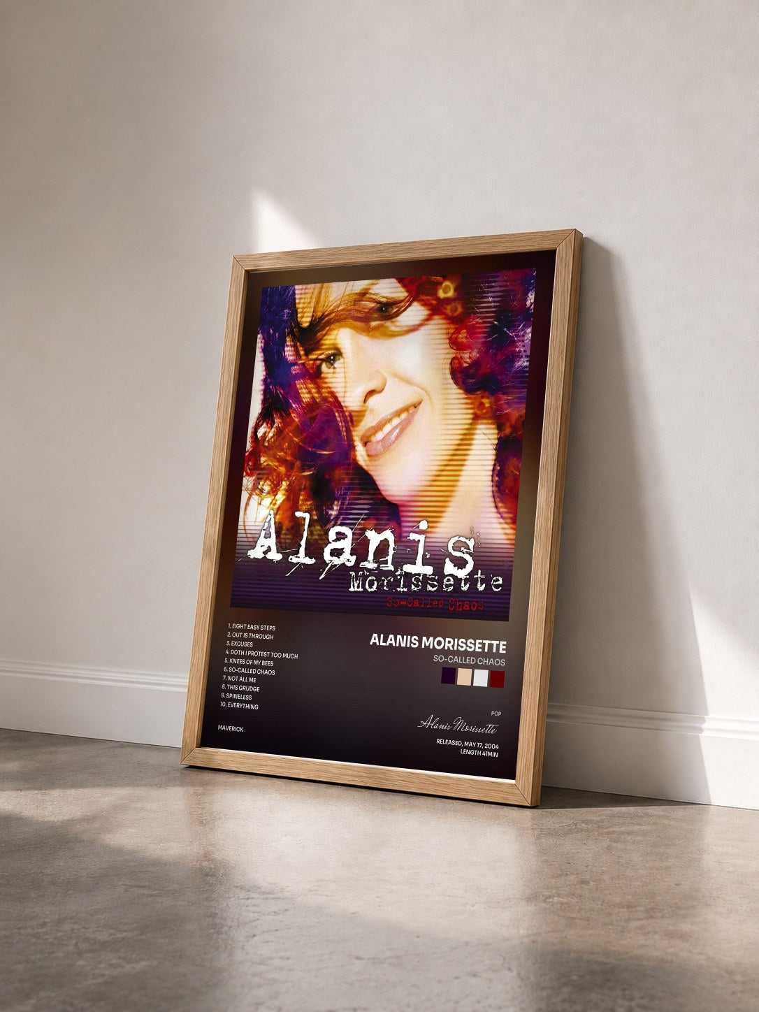 #bois Tableau de l'album So-Called Chaos de Alanis Morissette vu de trois quarts, cadre en bois brut