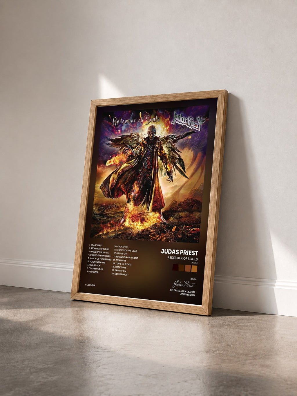 #bois Tableau de l'album Redeemer of Souls (Deluxe) de Judas Priest vu de trois quarts, cadre en bois brut