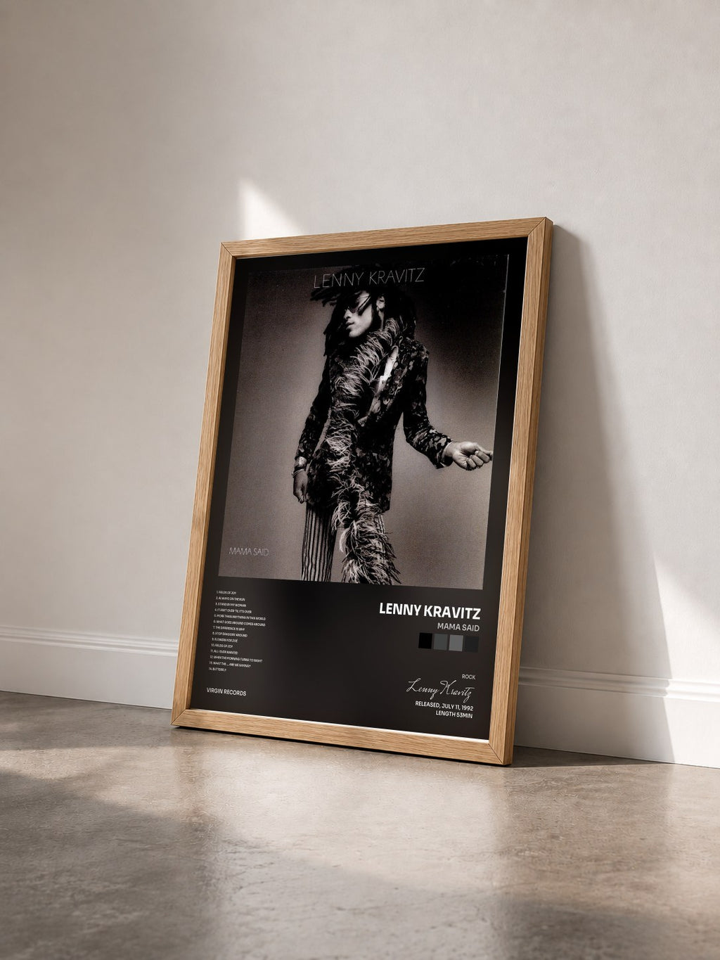 #bois Tableau de l'album Mama Said de Lenny Kravitz vu de trois quarts, cadre en bois brut