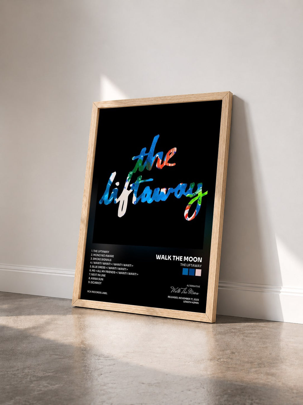 #bois Tableau de l'album The Liftaway de Walk The Moon vu de trois quarts, cadre en bois brut