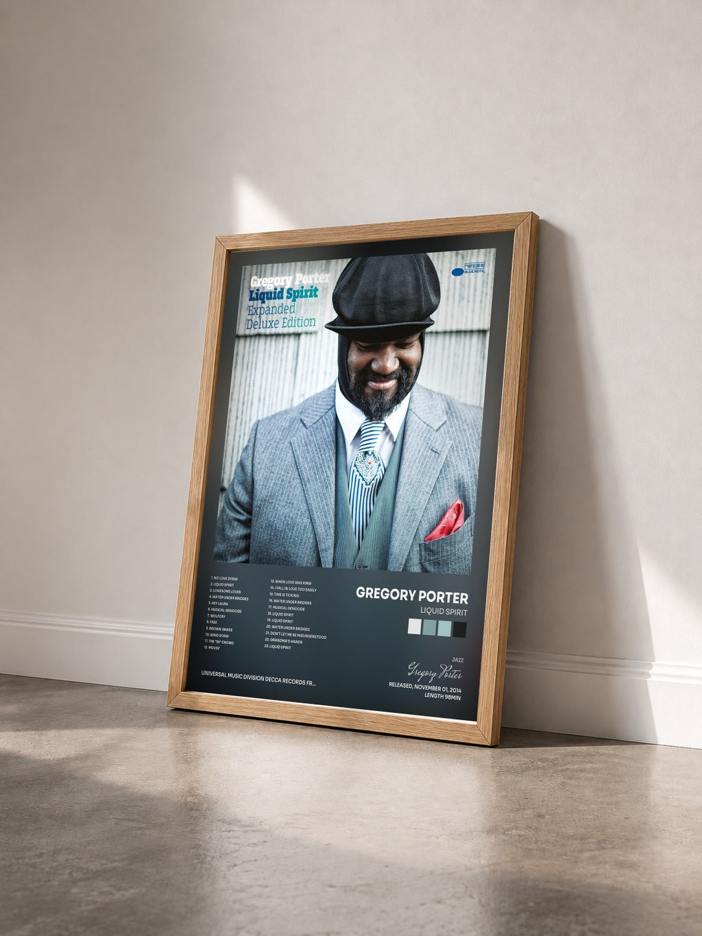 #bois Tableau de l'album Liquid Spirit de Gregory Porter vu de trois quarts, cadre en bois brut
