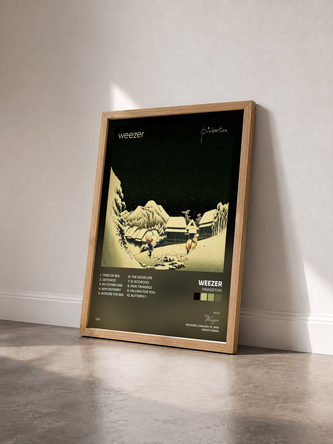 #bois Tableau de l'album Pinkerton de Weezer vu de trois quarts, cadre en bois brut