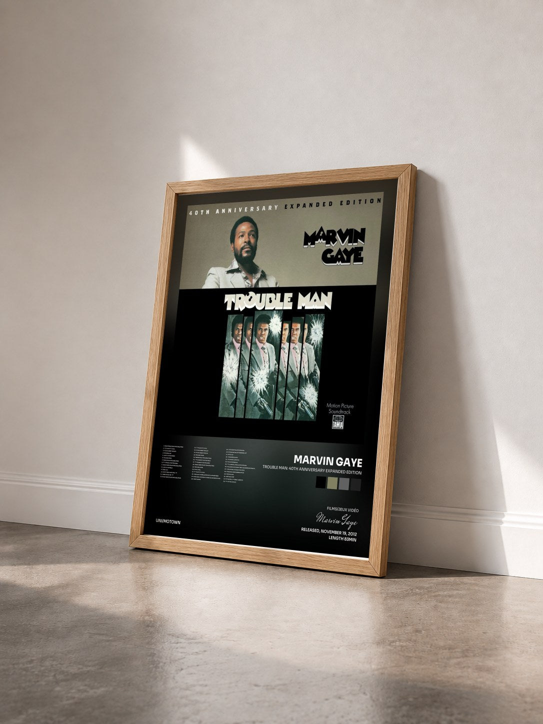 #bois Tableau de l'album Trouble Man: 40th Anniversary Expanded Edition de Marvin Gaye vu de trois quarts, cadre en bois brut