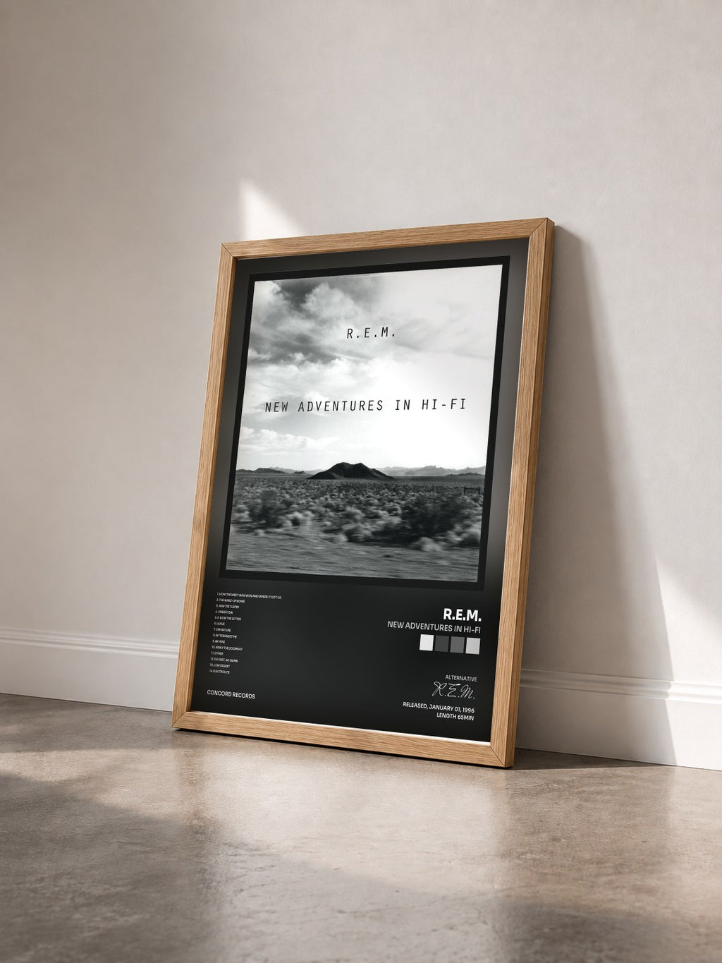 #bois Tableau de l'album New Adventures In Hi-Fi de R.E.M. vu de trois quarts, cadre en bois brut