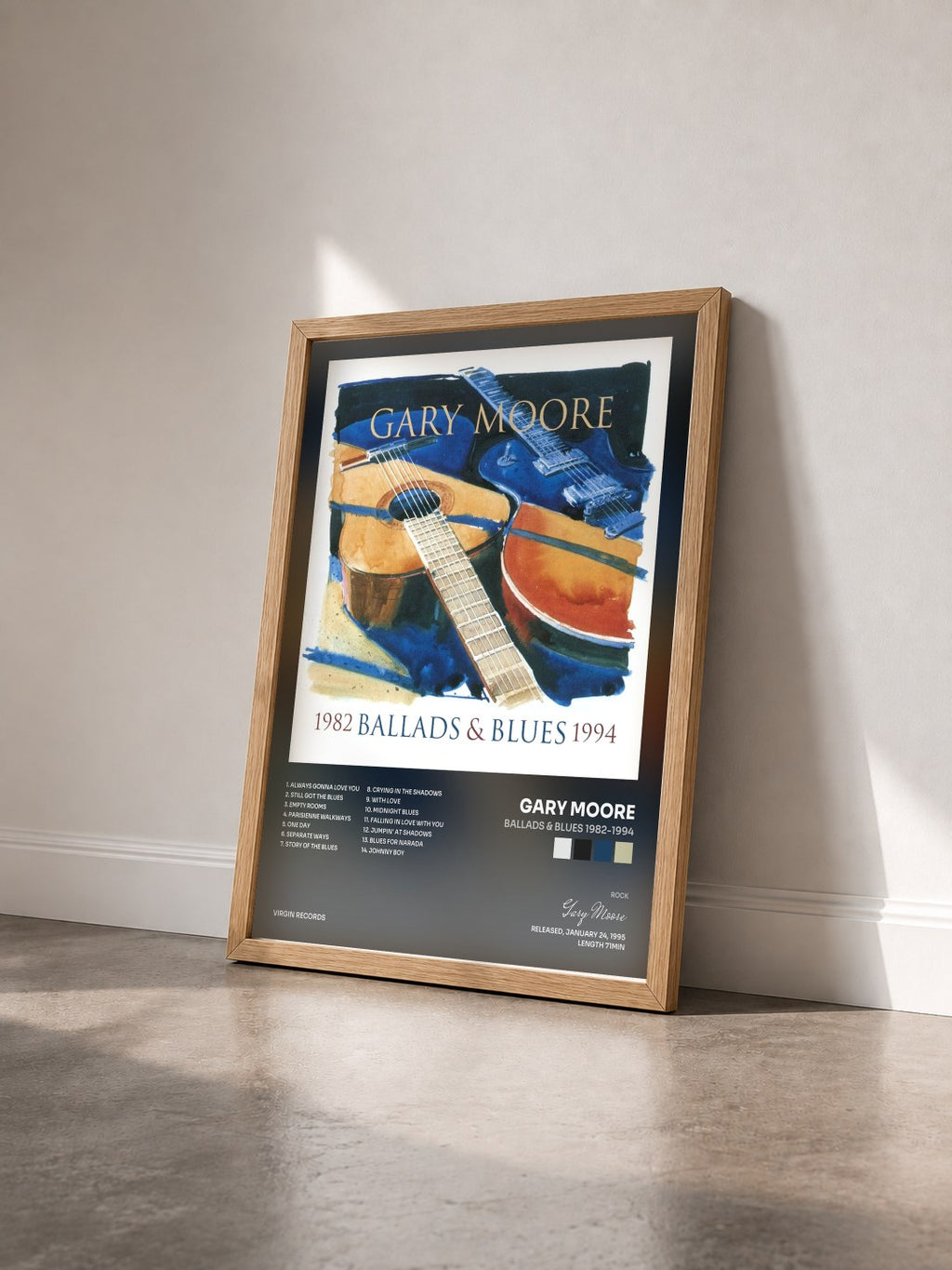 #bois Tableau de l'album Ballads & Blues 1982-1994 de Gary Moore vu de trois quarts, cadre en bois brut