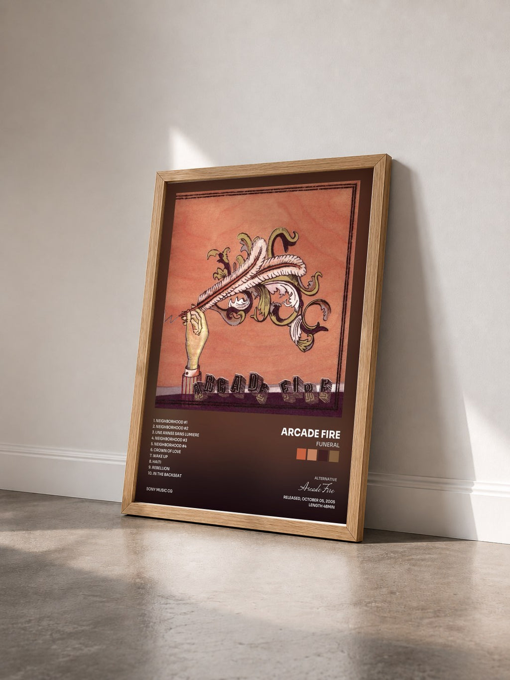 #bois Tableau de l'album Funeral de Arcade Fire vu de trois quarts, cadre en bois brut