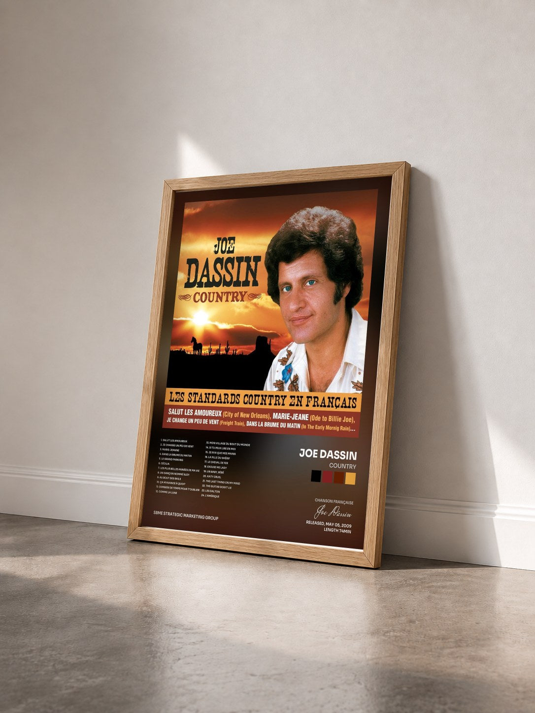 #bois Tableau de l'album Country de Joe Dassin vu de trois quarts, cadre en bois brut