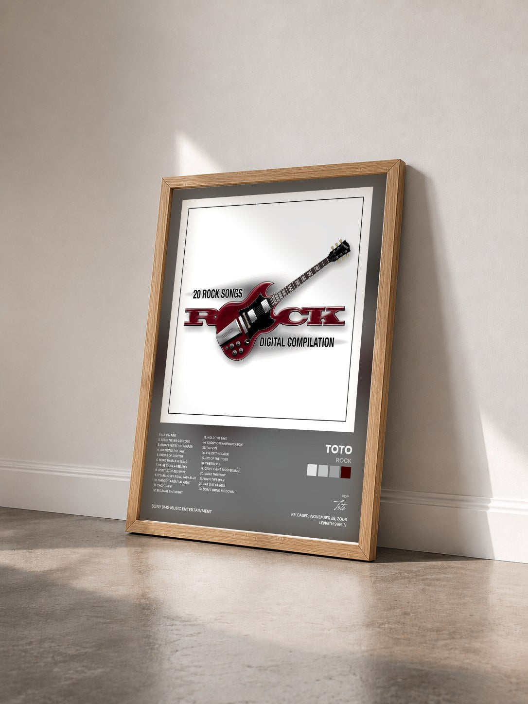 #bois Tableau de l'album Rock de Toto vu de trois quarts, cadre en bois brut