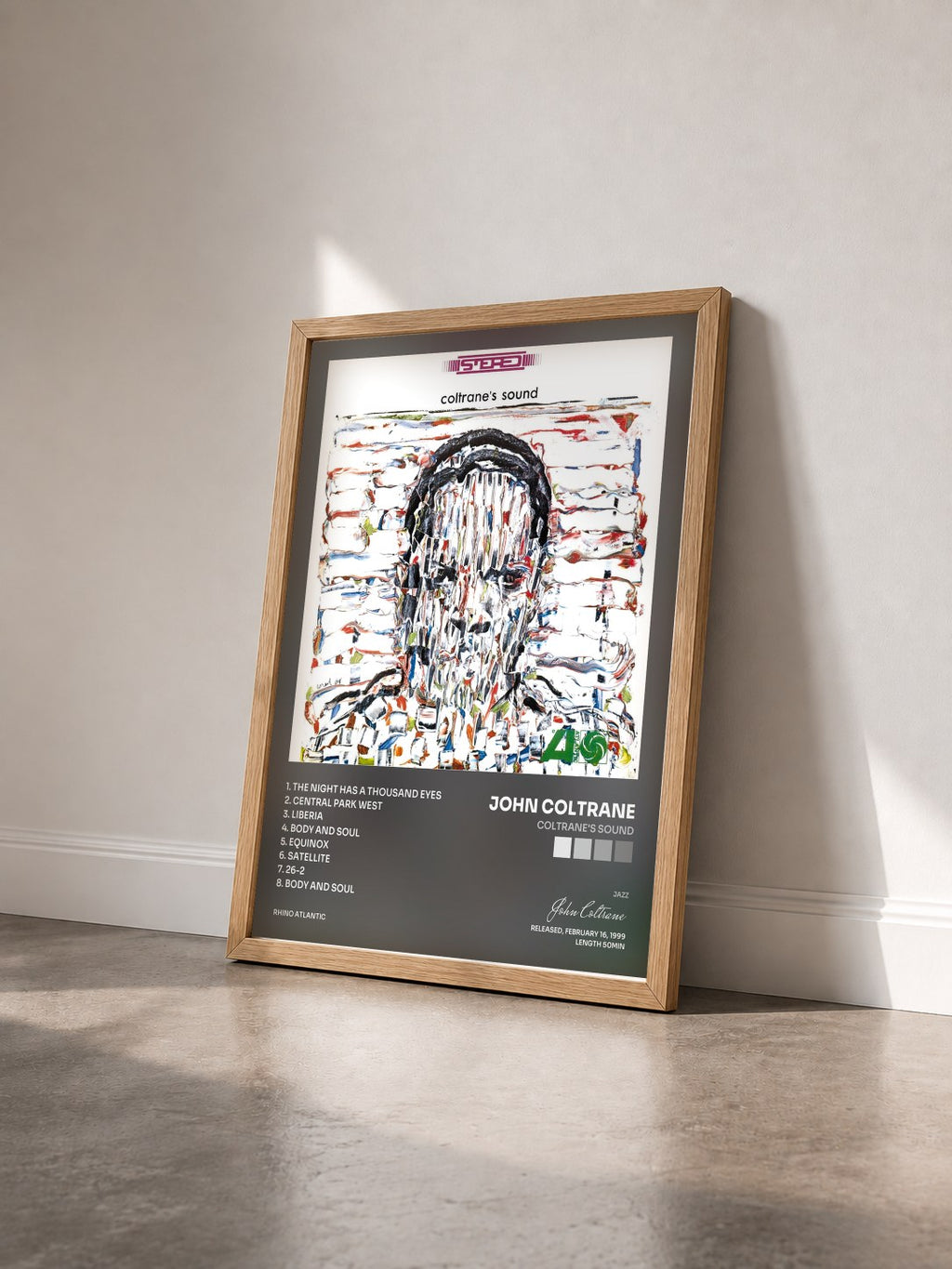 #bois Tableau de l'album Coltrane's Sound de John Coltrane vu de trois quarts, cadre en bois brut