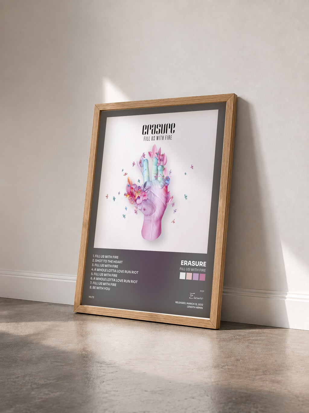 #bois Tableau de l'album Fill Us With Fire de Erasure vu de trois quarts, cadre en bois brut