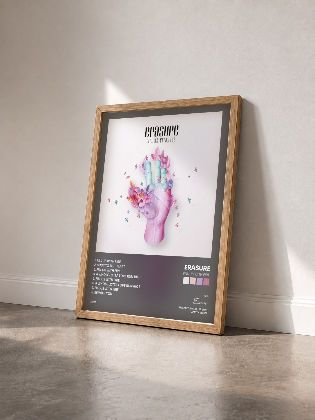 #bois Tableau de l'album Fill Us With Fire de Erasure vu de trois quarts, cadre en bois brut