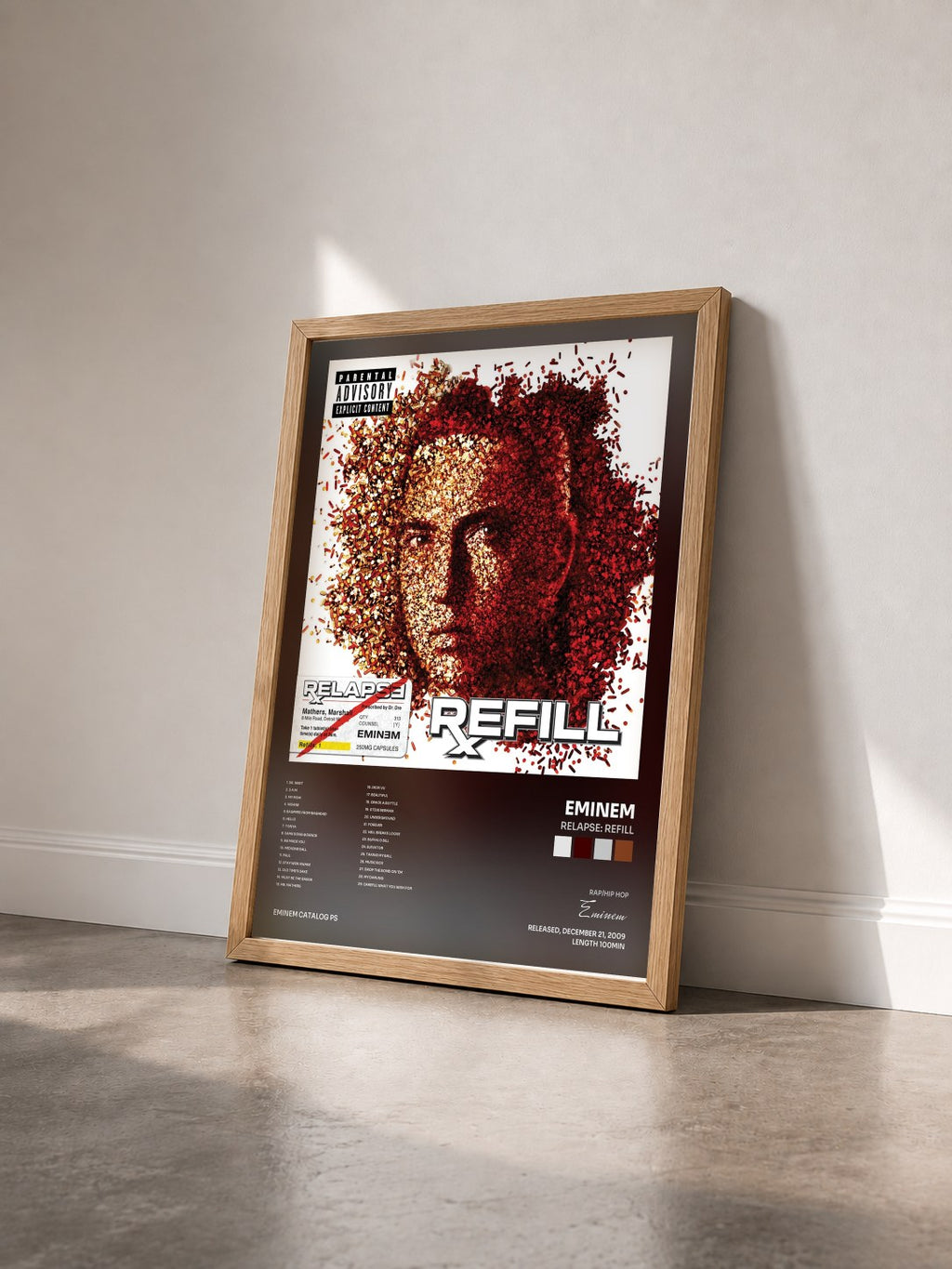 #bois Tableau de l'album Relapse: Refill de Eminem vu de trois quarts, cadre en bois brut