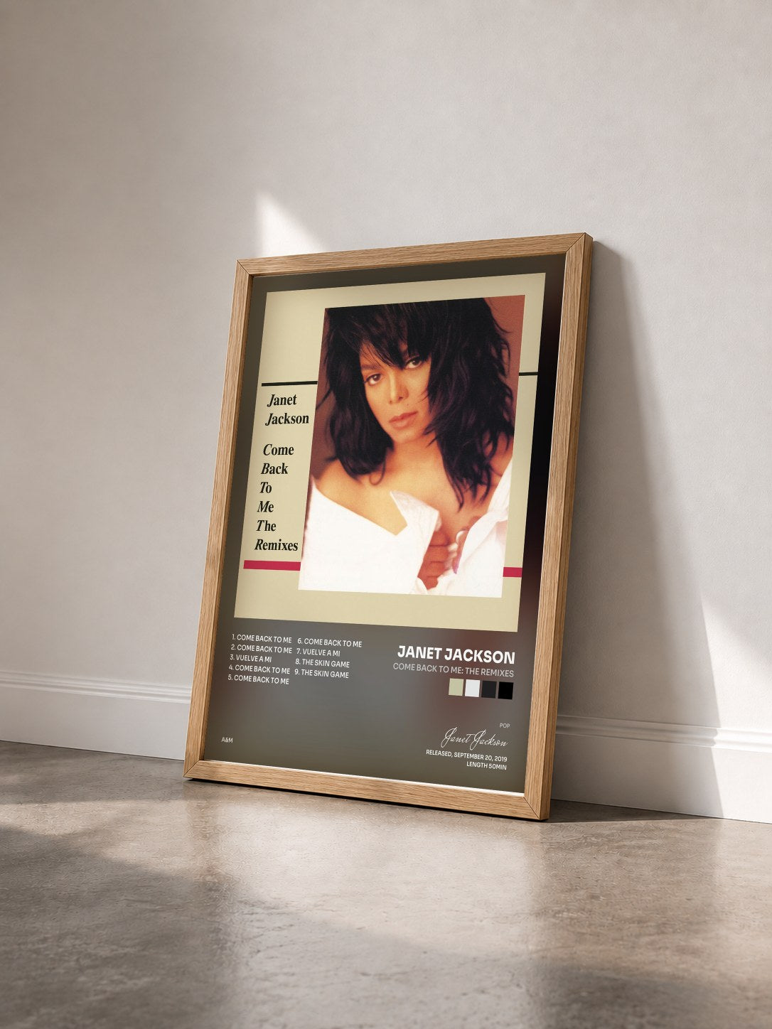 #bois Tableau de l'album Come Back To Me: The Remixes de Janet Jackson vu de trois quarts, cadre en bois brut