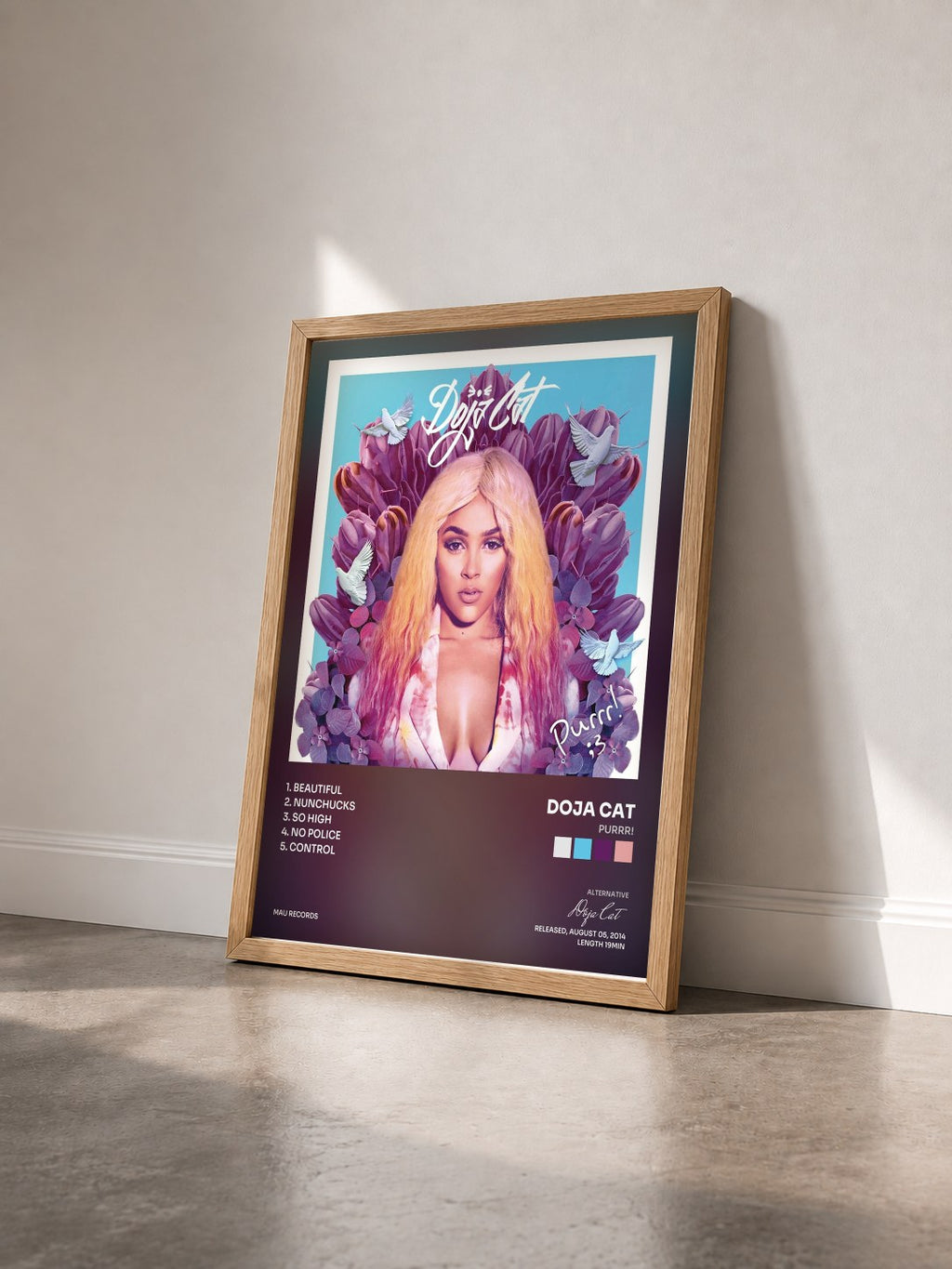 #bois Tableau de l'album Purrr! de Doja Cat vu de trois quarts, cadre en bois brut
