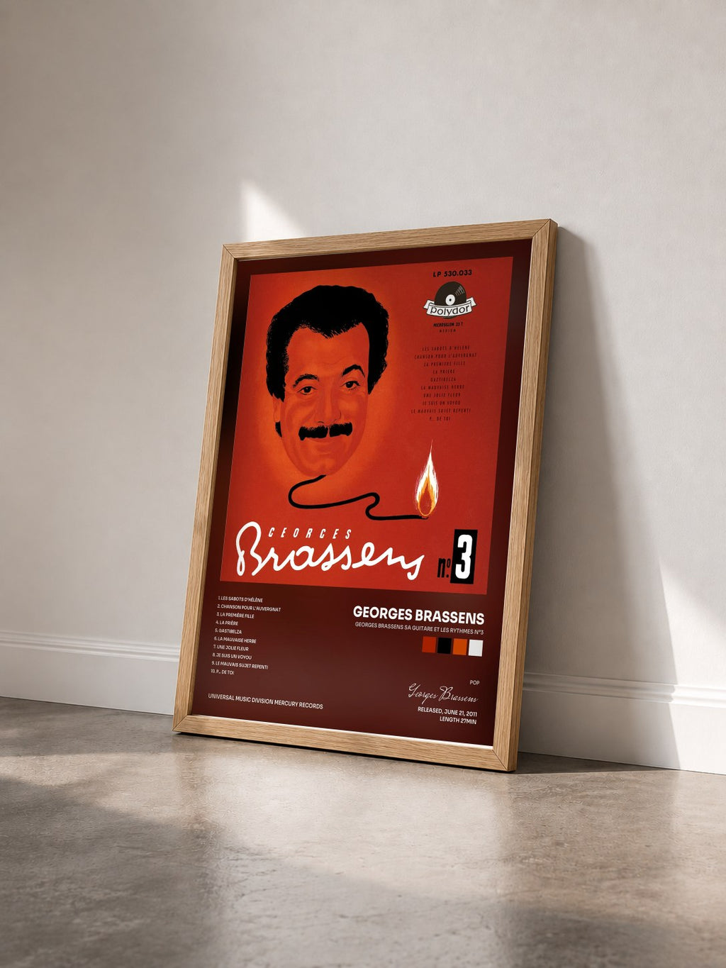 #bois Tableau de l'album Georges Brassens sa guitare et les rythmes N°3 de Georges Brassens vu de trois quarts, cadre en bois brut