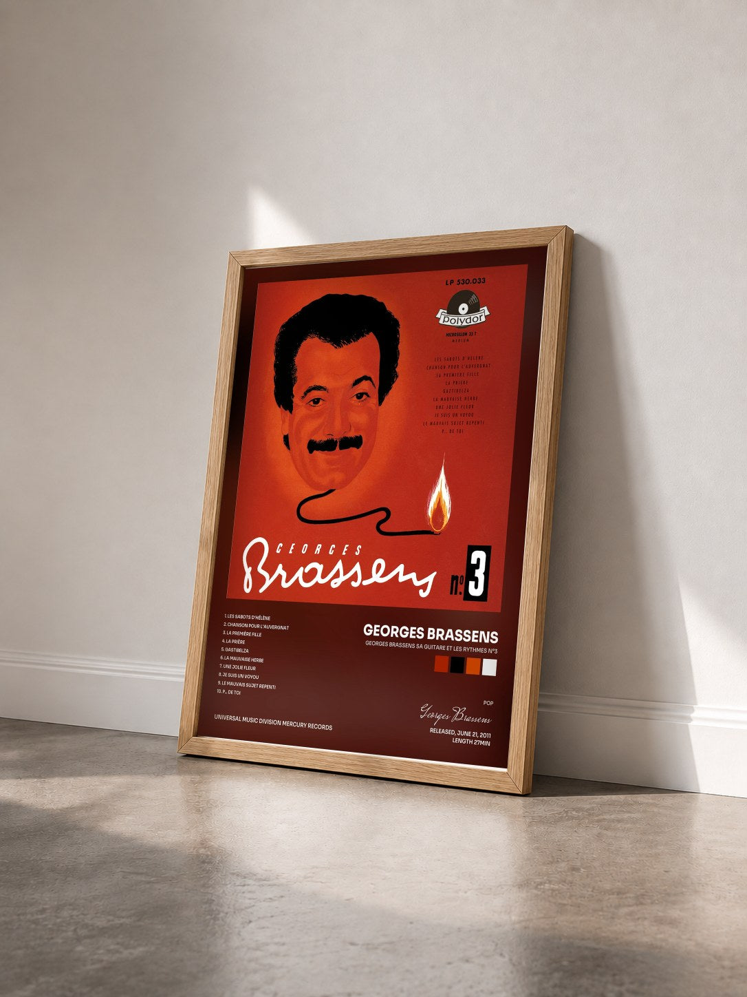 #bois Tableau de l'album Georges Brassens sa guitare et les rythmes N°3 de Georges Brassens vu de trois quarts, cadre en bois brut