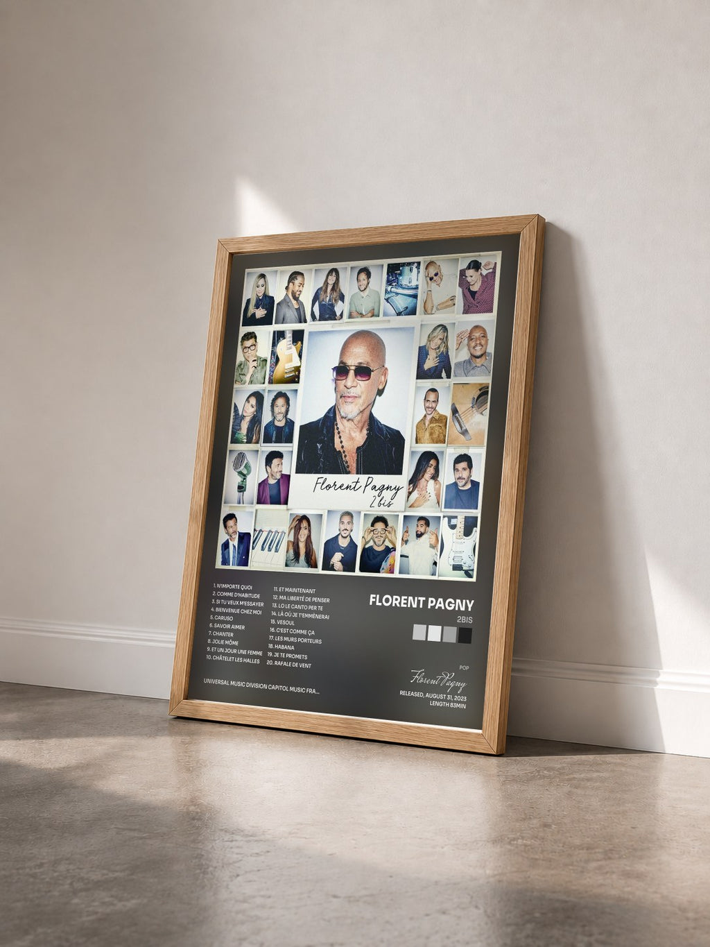 #bois Tableau de l'album 2bis de Florent Pagny vu de trois quarts, cadre en bois brut