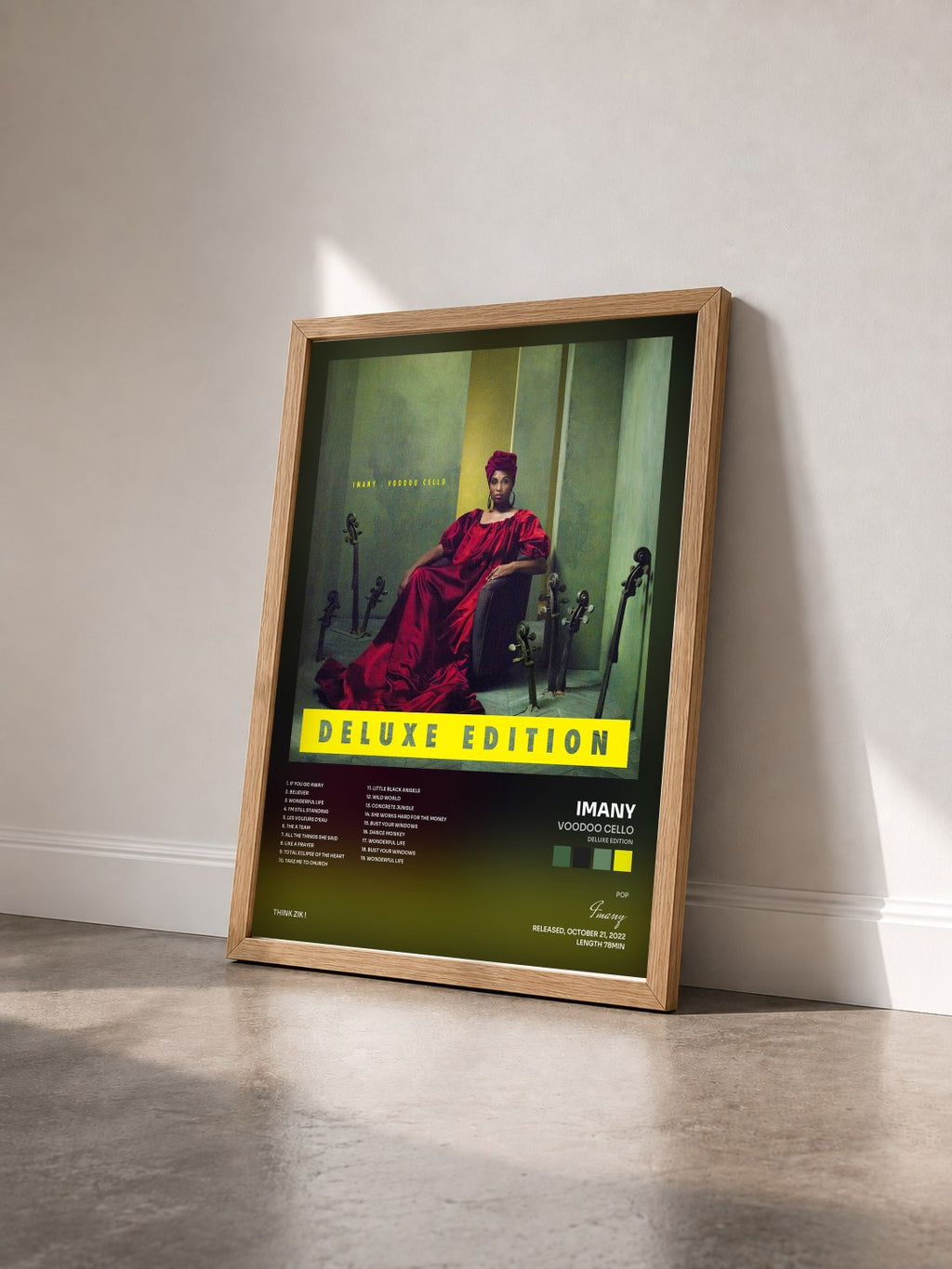 #bois Tableau de l'album Voodoo Cello (Deluxe Edition) de Imany vu de trois quarts, cadre en bois brut