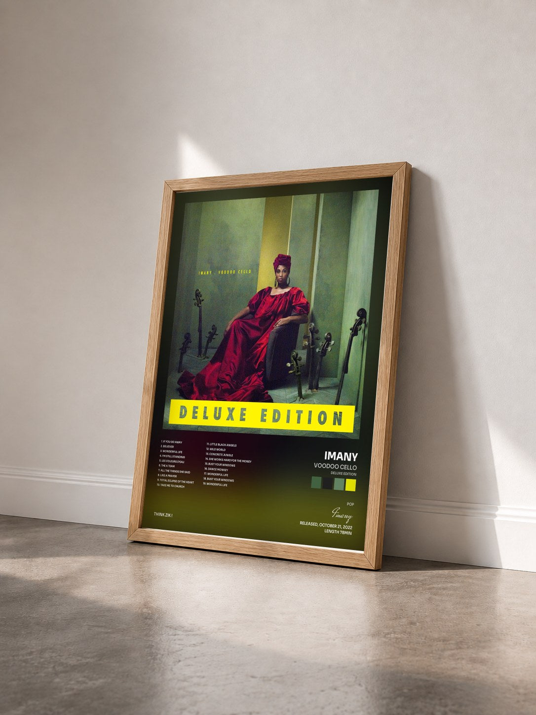 #bois Tableau de l'album Voodoo Cello (Deluxe Edition) de Imany vu de trois quarts, cadre en bois brut