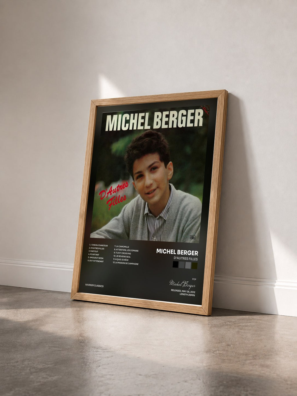 #bois Tableau de l'album D'autres filles de Michel Berger vu de trois quarts, cadre en bois brut