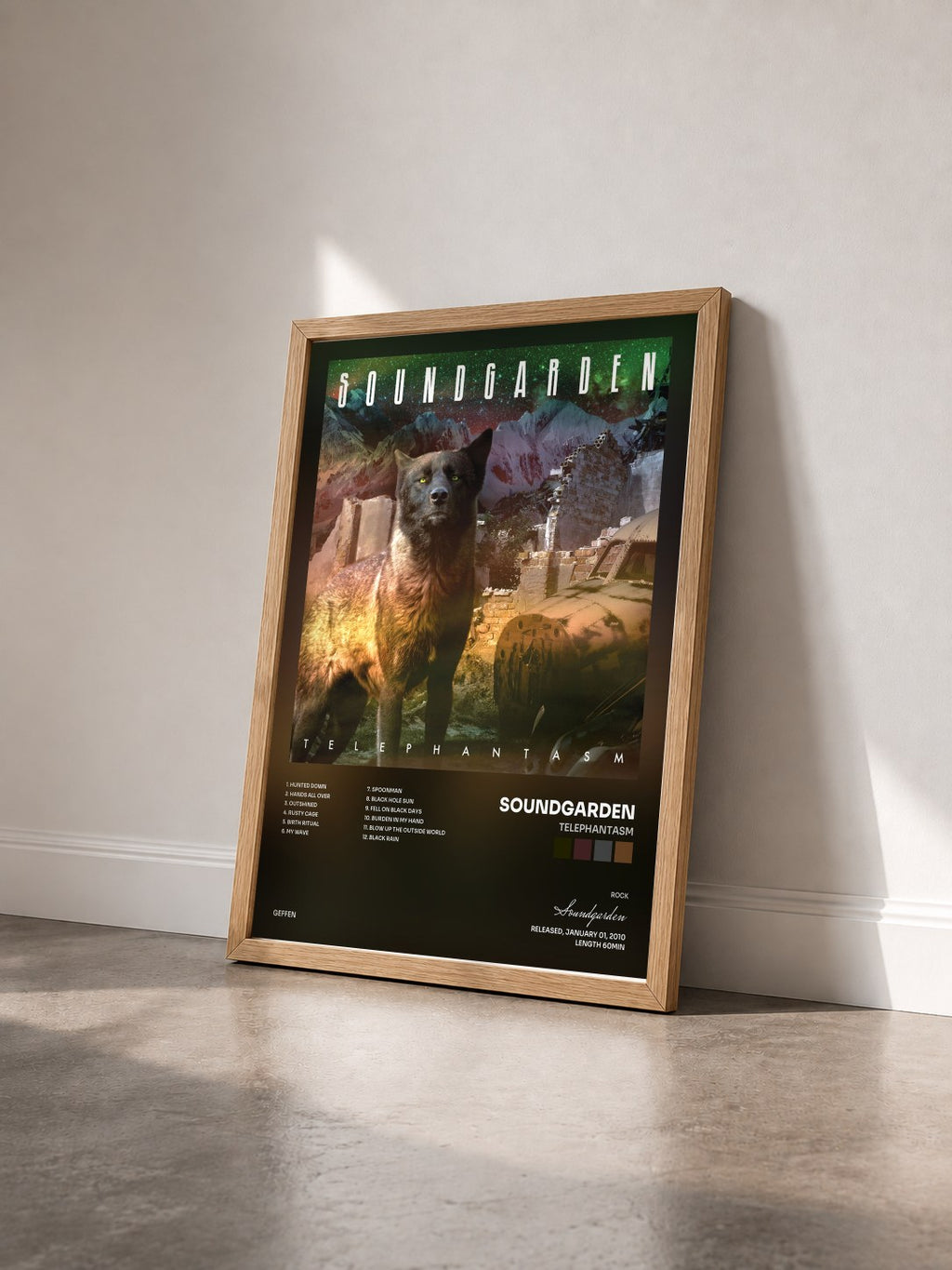 #bois Tableau de l'album Telephantasm de Soundgarden vu de trois quarts, cadre en bois brut