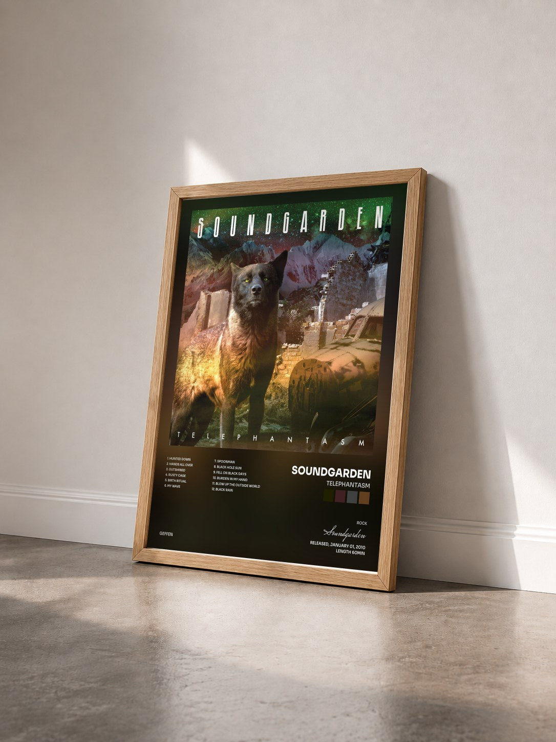 #bois Tableau de l'album Telephantasm de Soundgarden vu de trois quarts, cadre en bois brut