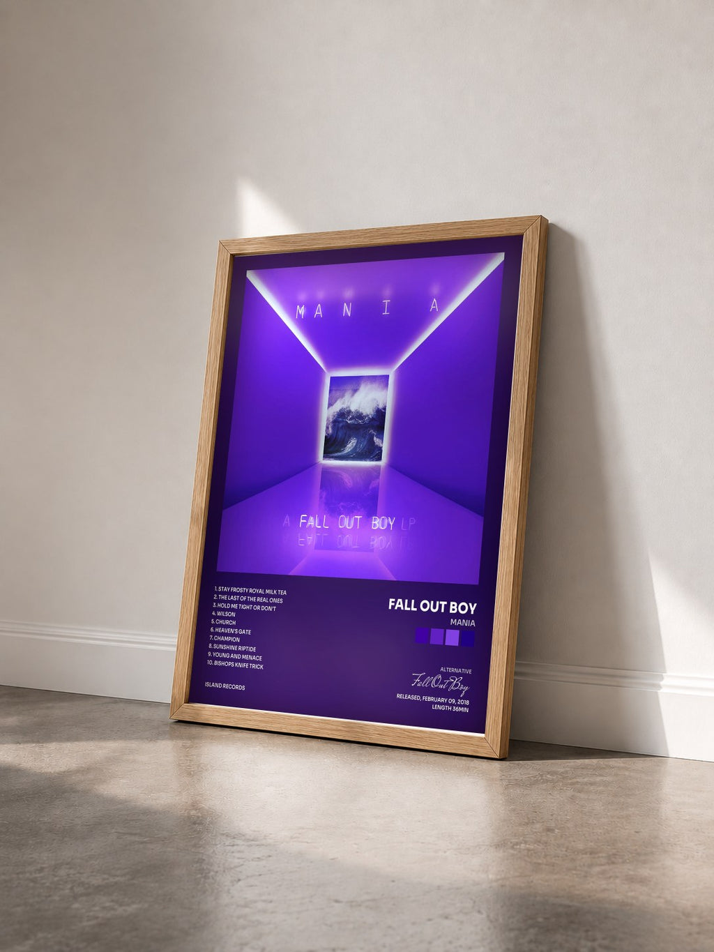 #bois Tableau de l'album MANIA de Fall Out Boy vu de trois quarts, cadre en bois brut