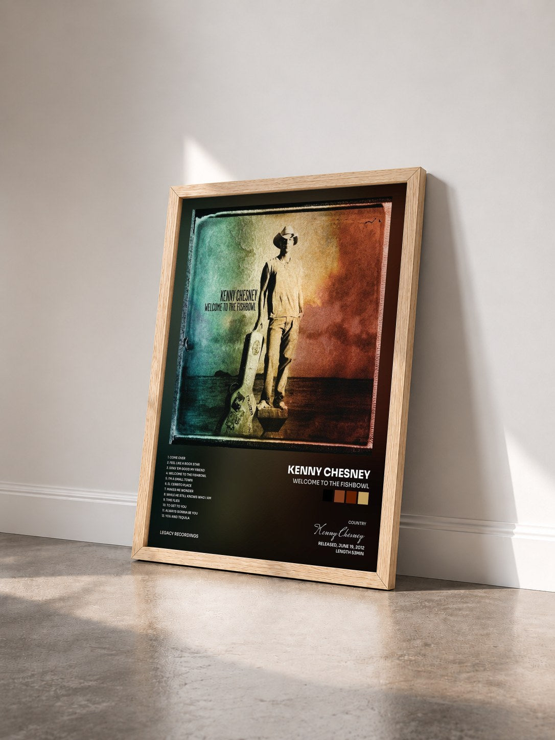 #bois Tableau de l'album Welcome To The Fishbowl de Kenny Chesney vu de trois quarts, cadre en bois brut