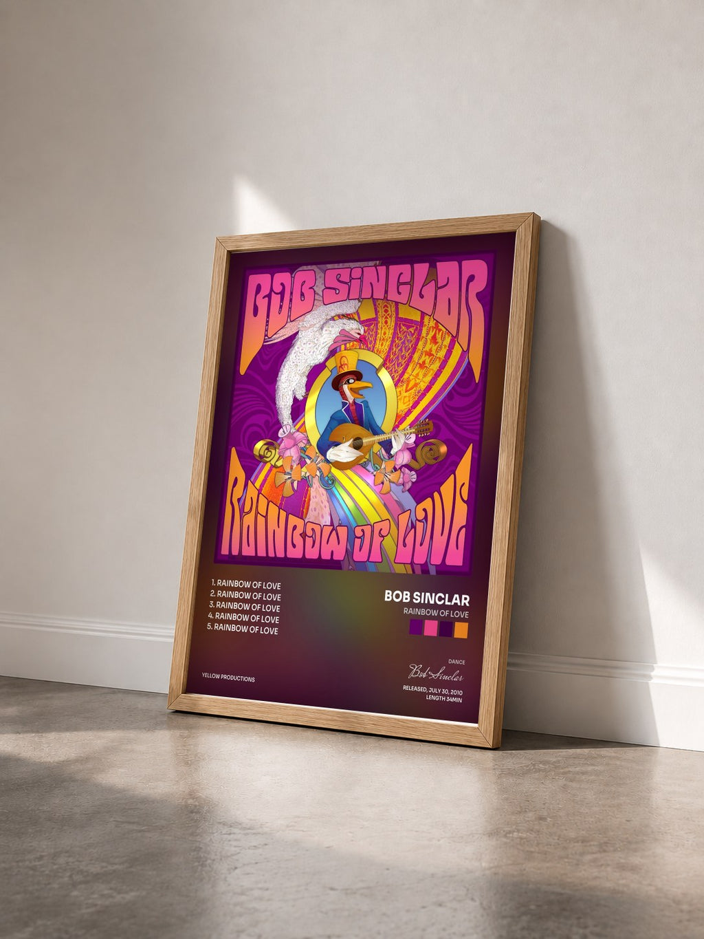#bois Tableau de l'album Rainbow of Love de Bob Sinclar vu de trois quarts, cadre en bois brut