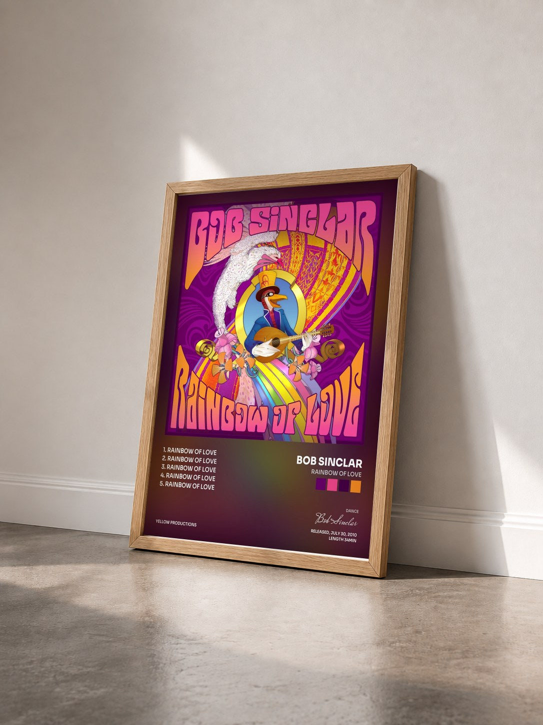 #bois Tableau de l'album Rainbow of Love de Bob Sinclar vu de trois quarts, cadre en bois brut