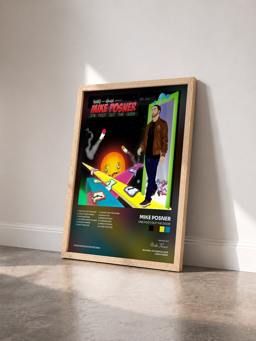 #bois Tableau de l'album One Foot Out The Door de Mike Posner vu de trois quarts, cadre en bois brut